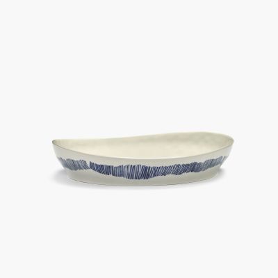 Deep serving plate S, White - blue stripes, Feast