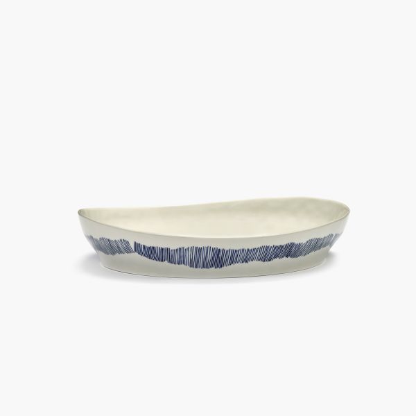Deep serving plate S, White - blue stripes, Feast